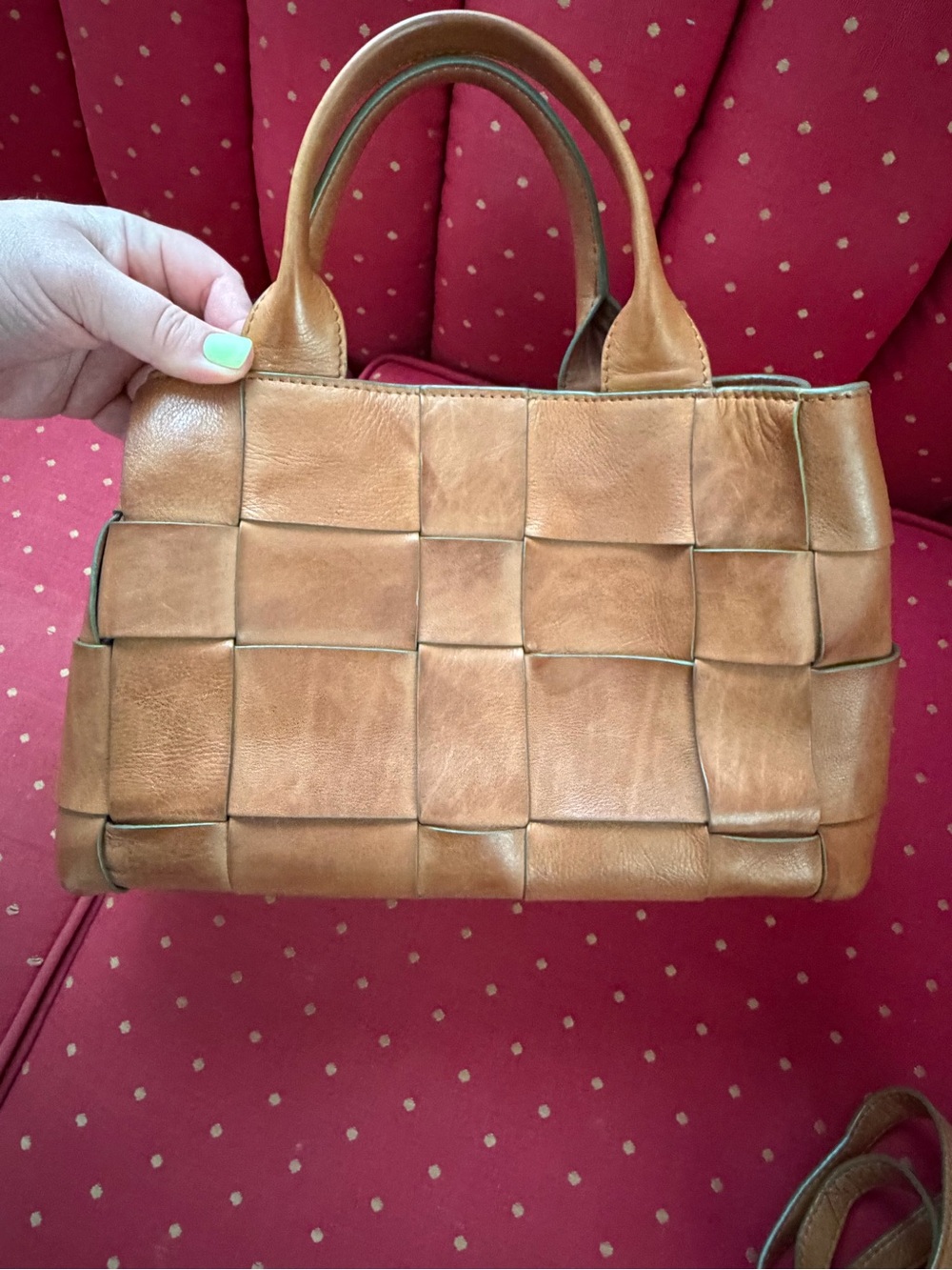 Woven Leather Satchel Handbag in Tan - Picture 2 of 8